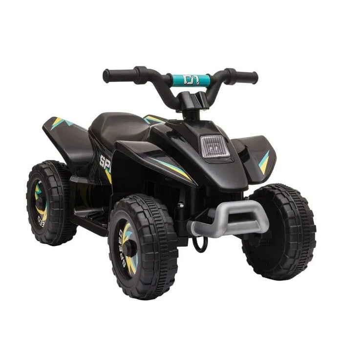 Black 6V kids electric quad bike with chunky tires and colorful decals on a white background