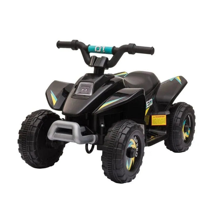 Black 6V kids electric quad bike with chunky wheels and sporty decals on a white background