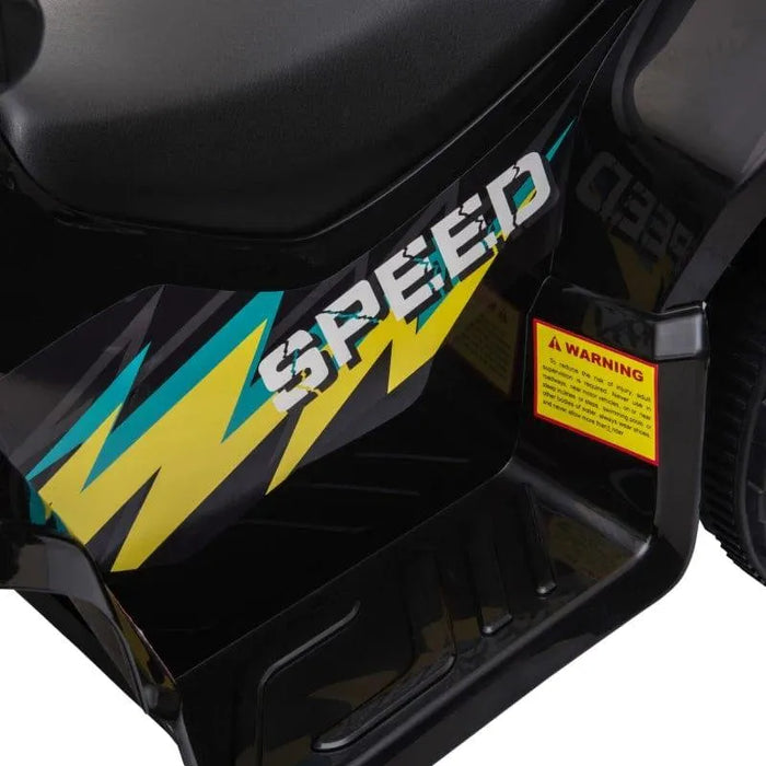 Black kids electric quad bike with SPEED decal and yellow warning label on side
