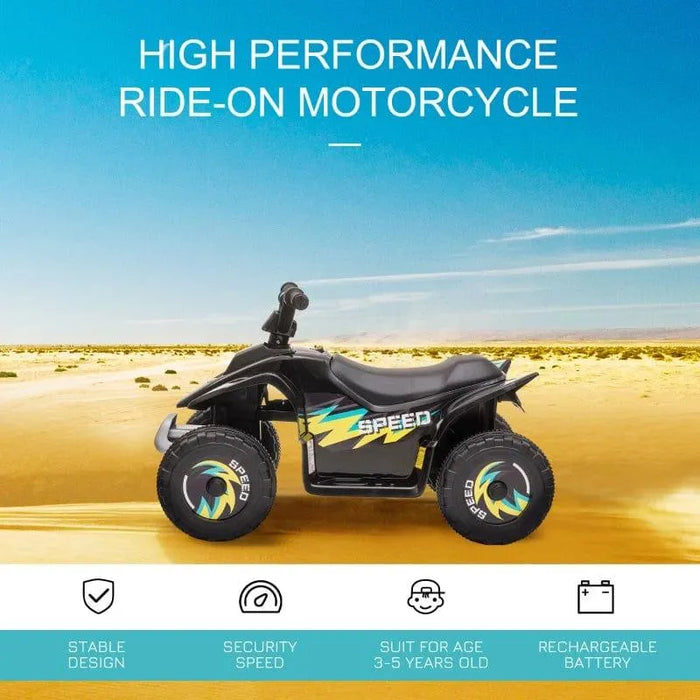 Black 6V kids electric quad bike on sand with 'High Performance Ride-On Motorcycle' text.