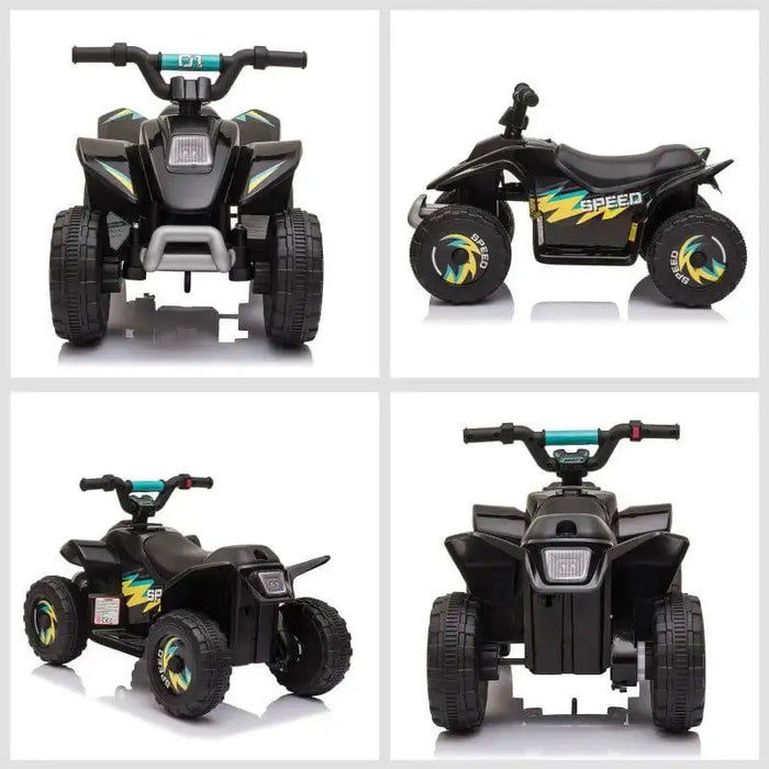 Black 6V kids electric quad bike with lightning graphics, shown from multiple angles