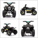 Black 6V kids electric quad bike with lightning graphics, shown from multiple angles
