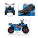 Blue 6V kids electric quad bike with black seat, measurements labeled, racing decals