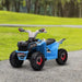 Blue 6V kids electric quad bike with black tires on a path in a grassy outdoor park