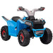 Blue 6V kids electric quad bike with black seat, racing decals, and rugged tires
