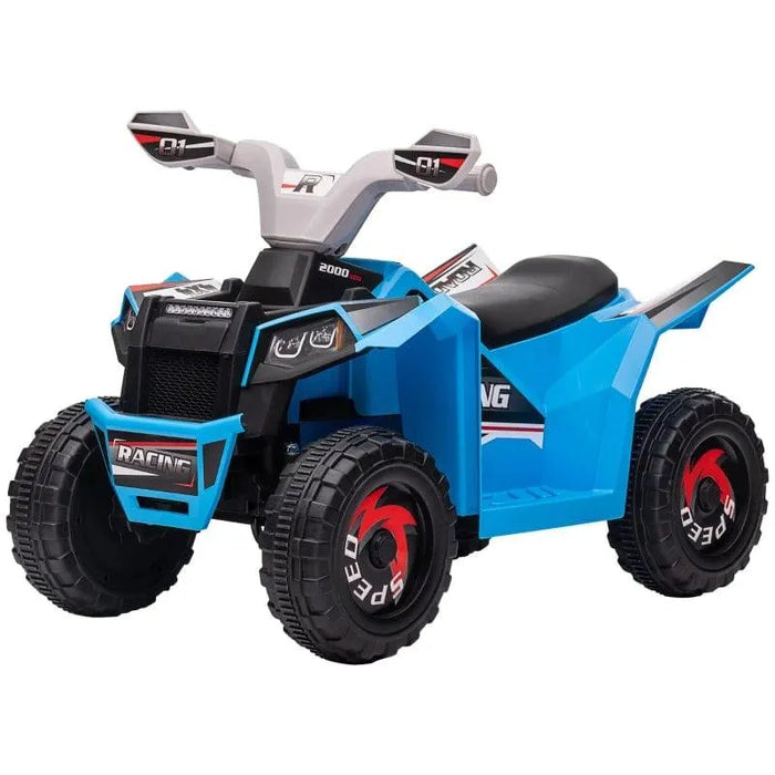 Blue 6V kids electric quad bike with black seat and rugged wheels, toy ATV for children