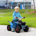 Toddler riding blue electric quad bike on path in park, kids outdoor ride-on toy vehicle