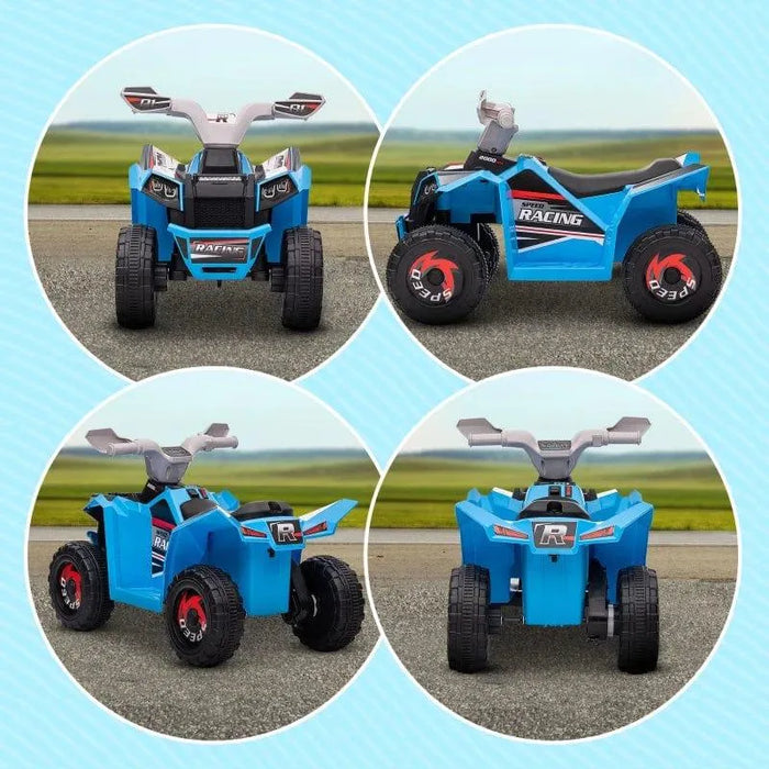 Blue 6V kids electric quad bike shown from four angles on outdoor road setting