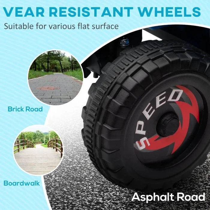Close-up of a kids’ electric quad bike wear-resistant wheel on asphalt, with inset images showing suitability for brick roads and boardwalks.