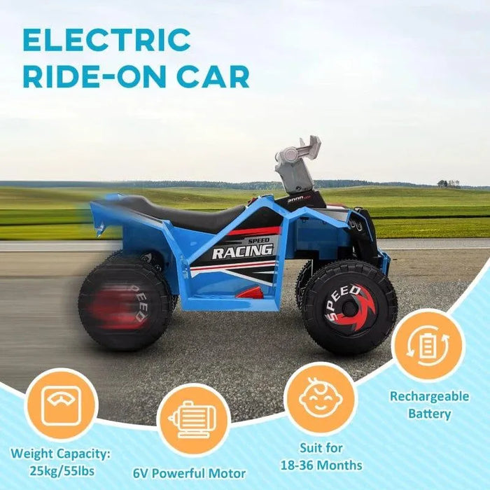 Blue 6V kids electric quad bike ride-on car with racing decals on an outdoor road