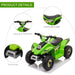 Green kids electric quad bike with easy-grip handlebar, comfortable seat, and front hook
