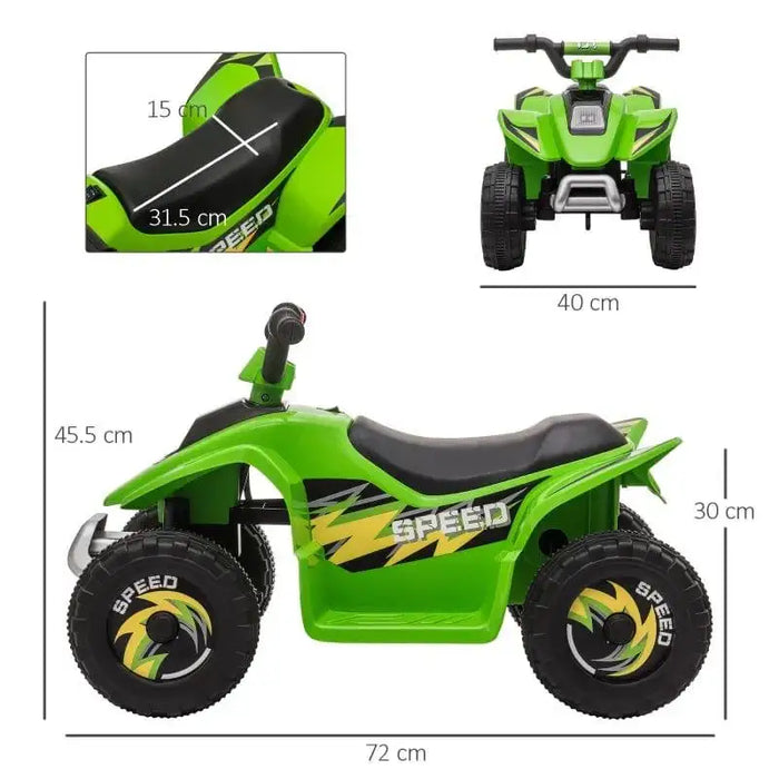 Green kids electric quad bike with 'SPEED' graphics, shown with seat and body dimensions