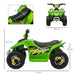 Green kids electric quad bike with 'SPEED' graphics, shown with seat and body dimensions
