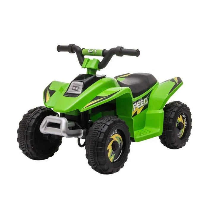 Green 6V kids electric quad bike with black seat, large wheels, and yellow speed decals