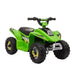Green kids electric quad bike with black seat and rugged wheels, isolated on white background