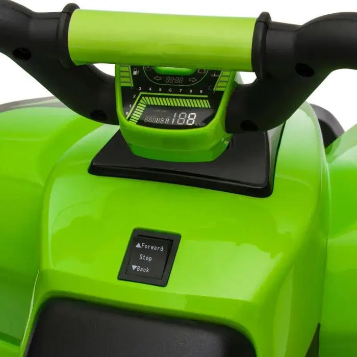 Bright green kids electric quad bike handlebar, dashboard, and control buttons close-up