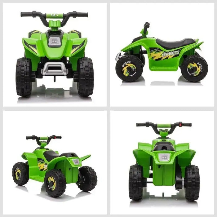 Green kids electric quad bike with black wheels, shown from four angles, SPEED decals visible
