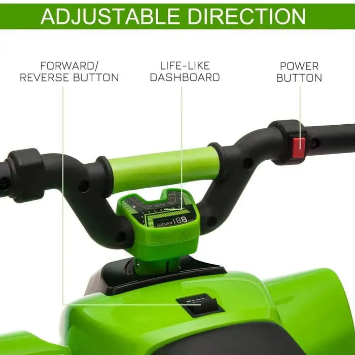 Green kids electric quad bike handlebar with dashboard, forward/reverse and power buttons