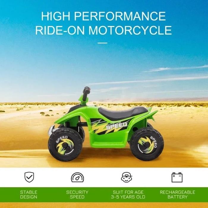Green kids electric quad bike on desert sand, labeled high performance ride-on motorcycle.