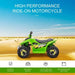 Green kids electric quad bike on desert sand, labeled high performance ride-on motorcycle.