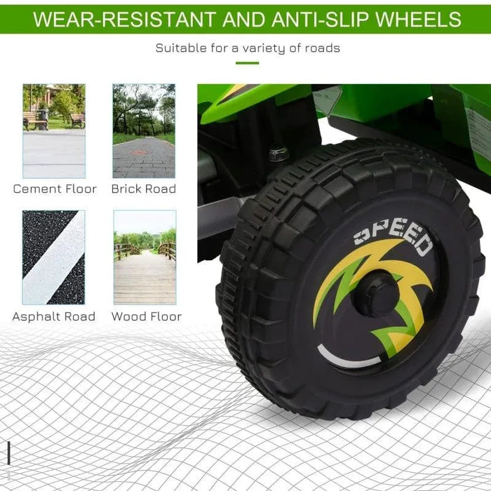 Close-up of 6V kids electric quad bike green wheel, showing wear-resistant anti-slip tires for multiple surfaces like cement, brick, asphalt, and wood roads.
