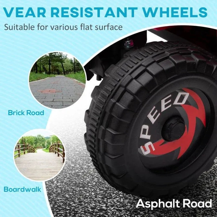 Close-up of a kid's electric quad bike wear-resistant wheel on asphalt, with brick road and boardwalk surface options shown.
