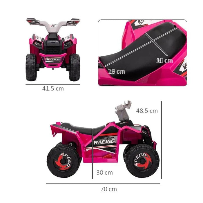 Pink 6V kids electric quad bike with racing decals, shown from front and side with dimensions.