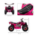 Pink 6V kids electric quad bike with racing decals, shown from front and side with dimensions.