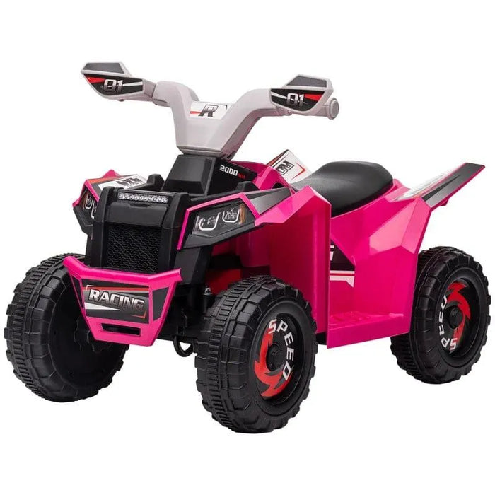 Pink 6V kids electric quad bike with black seat, thick tires, and racing decals
