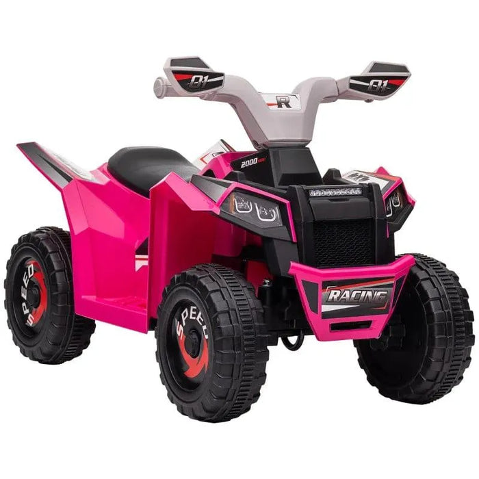 Pink 6V kids electric quad bike toy with black wheels and racing decals