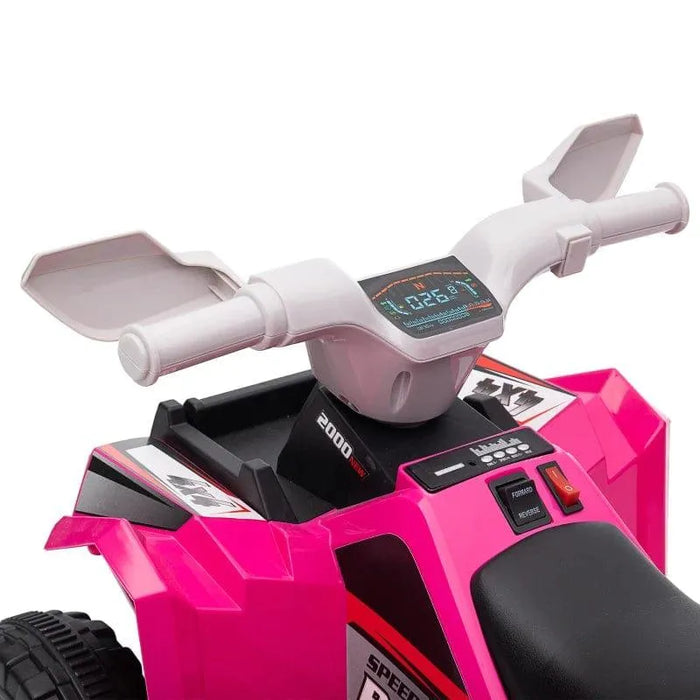 Pink kids electric quad bike handlebars and dashboard close-up, digital display, buttons visible
