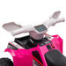 Pink kids electric quad bike handlebars and dashboard close-up, digital display, buttons visible