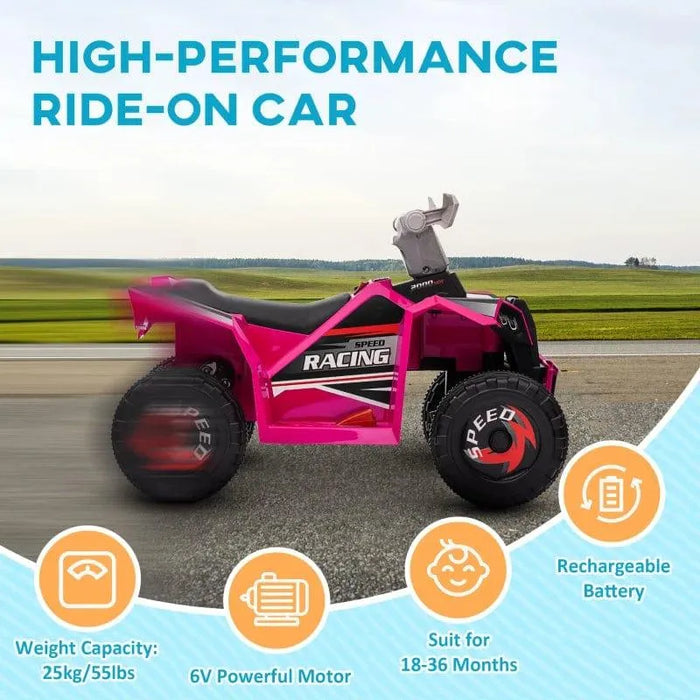 Pink 6V kids electric quad bike with racing graphics on road, high-performance ride-on car.