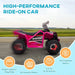 Pink 6V kids electric quad bike with racing graphics on road, high-performance ride-on car.