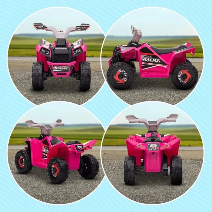 Pink kids electric quad bike shown from four angles on an outdoor road, racing decals visible.