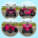 Pink kids electric quad bike shown from four angles on an outdoor road, racing decals visible.