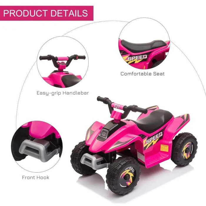 Pink kids electric quad bike with easy-grip handlebar, comfortable seat, and front hook