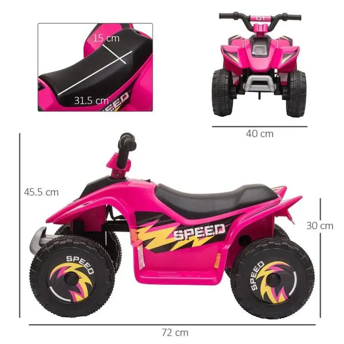 Pink kids electric quad bike with dimensions, black seat, large wheels labeled SPEED.