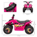 Pink kids electric quad bike with dimensions, black seat, large wheels labeled SPEED.