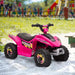 Pink 6V kids electric quad bike with speed decals on sand in outdoor playground