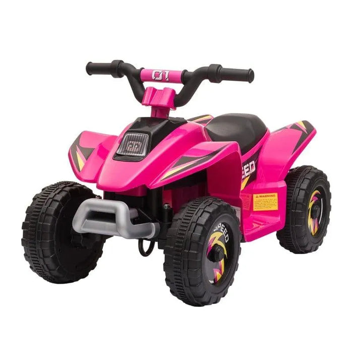 Pink 6V kids electric quad bike with black seat and rugged tires on white background