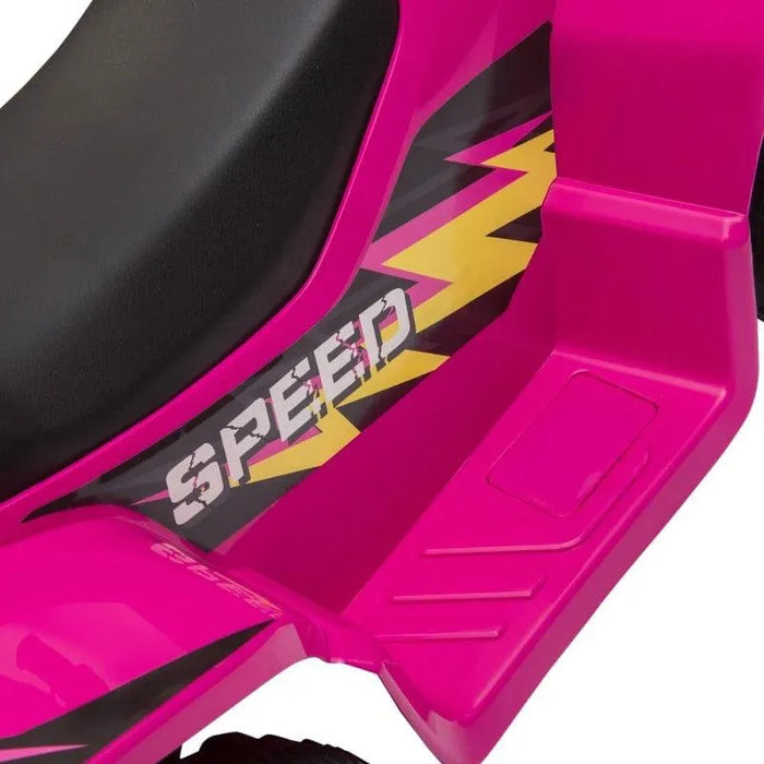 Pink kids electric quad bike with SPEED text and yellow lightning graphic