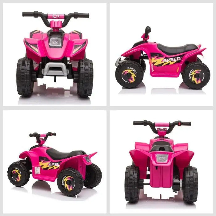 Pink kids electric quad bike with 'SPEED' decals, shown from multiple angles on white background