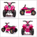 Pink kids electric quad bike with 'SPEED' decals, shown from multiple angles on white background