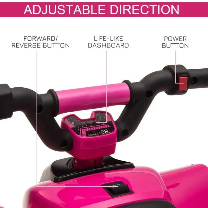 Pink kids electric quad bike handlebar with lifelike dashboard and labeled controls