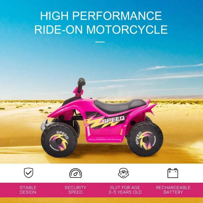 Pink kids’ electric quad bike with 'SPEED' design on sandy outdoor background