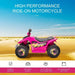 Pink kids’ electric quad bike with 'SPEED' design on sandy outdoor background