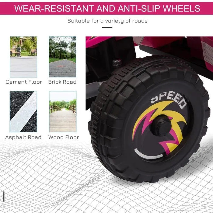 Close-up of kids electric quad bike wheel, labeled wear-resistant and anti-slip, suitable for cement, brick, asphalt, and wood roads.