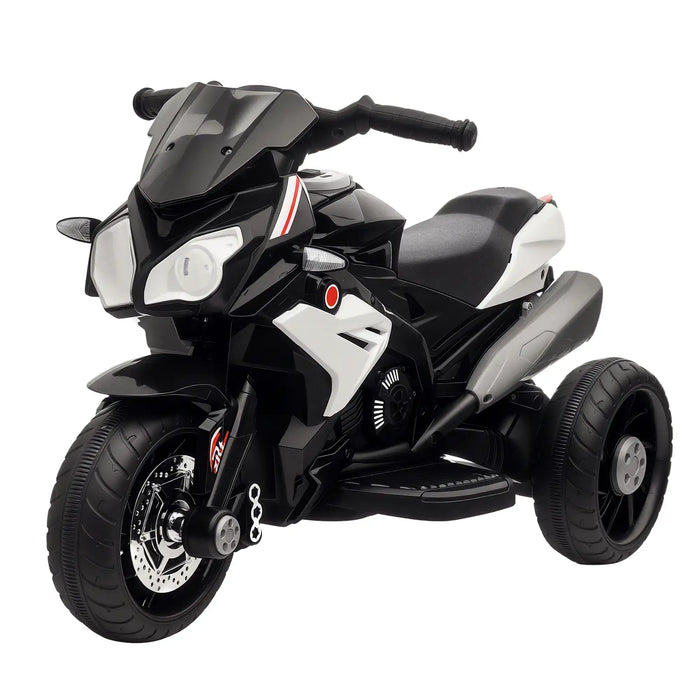 Black kids electric ride-on motorbike with working lights, music, and training wheels