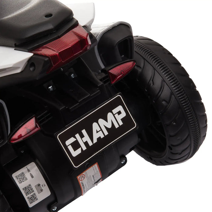 Rear view of black kids electric ride-on motorbike with CHAMP license plate and taillights